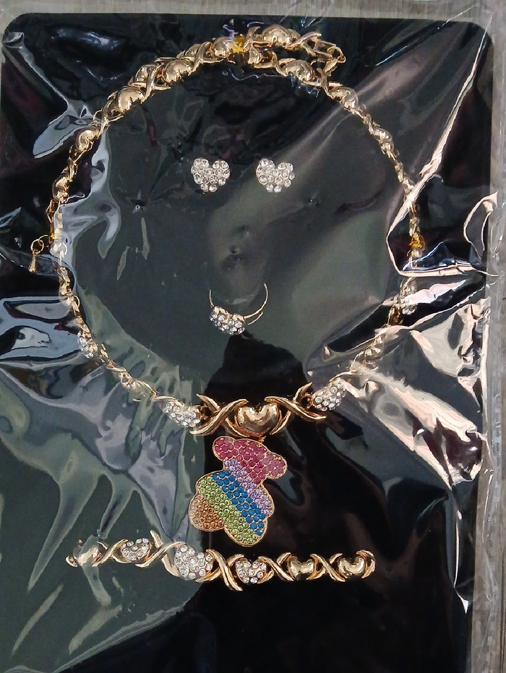 Gold-tone Rainbow Crystal Bear Pendant Necklace Set - Women Jewelry